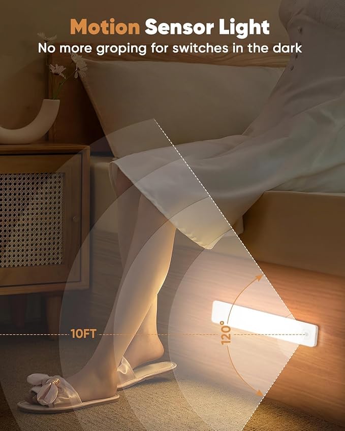 Under Cabinet Lighting, 3 Color Temperatures Motion Sensor Light Indoor 2 Pack, USB Rechargeable Battery Operated Closet Lights, Wireless Dimmable LED Cabinet Lights, Under Counter Light for Kitchen