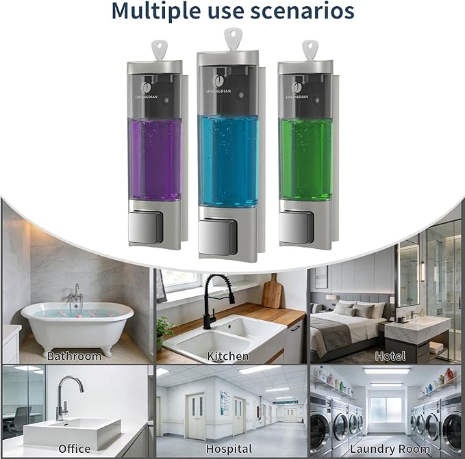 Manual Soap Dispenser Wall Mount, 6.76oz/200ml Liquid Soap Dispenser for Kitchen, No Drill Bathroom Shampoo and Conditioner Dispenser, Refillable Hand Sanitizer Dispenser for Home & Office (Sliver)