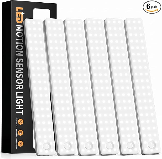 6 Pack Under Cabinet Lighting, USB Rechargeable Motion Sensor Light Indoor, Battery Operated Closet Light, LED Cabinet Lights, Stick On Dimmable Under Counter Lights for Kitchen