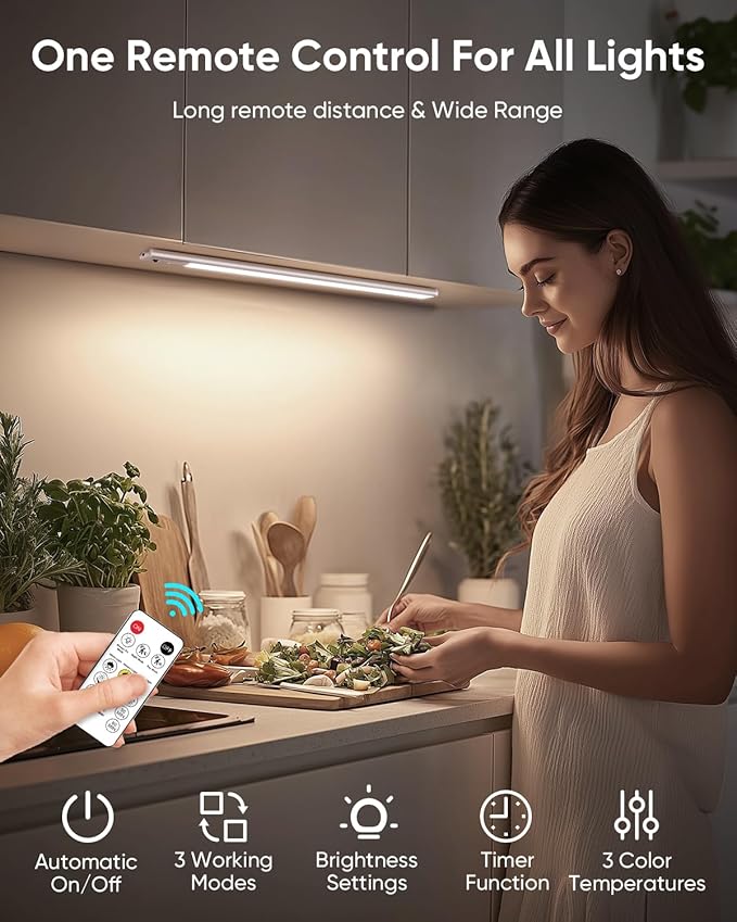Under Cabinet Lighting Wireless, Rechargeable LED Motion Sensor Light Indoor, Closet Lights with Remote, Timer, 3 Color Temps & Dimmable Magnetic Under Counter Lights for Kitchen, Stairs, 6 Pack