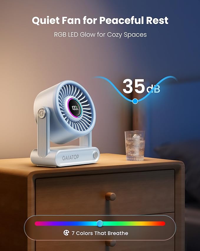 Gaiatop Portable Quiet Desk Fan, 6000mAh Rechargeable Battery Fan with RGB Ring, 18Hrs Runtime, 5-Speed Strong Wind, Bedroom Office Desk Accessories, Gifts for Women Men Teens, Blue