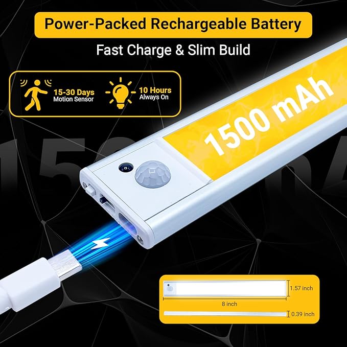 2 Pack Under Cabinet Lights 1500mAh, 40 LED Dimmable Closet Lights with 3 Adjustable Color Temperature, Rechargeable Battery Operated Motion Sensor, Under Cabinet Lighting for Kitchen,Closet (8 Inch)
