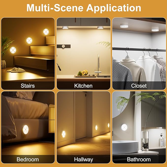 Under Cabinet Lighting, 1500mAh Rechargeable Motion Sensor Puck Lights with Remote, 3 Color Temper, Magnetic Stick on Light, Dimmable Under Counter Lights for Kitchen, Shelf, Closet, Stair, 4 Pack