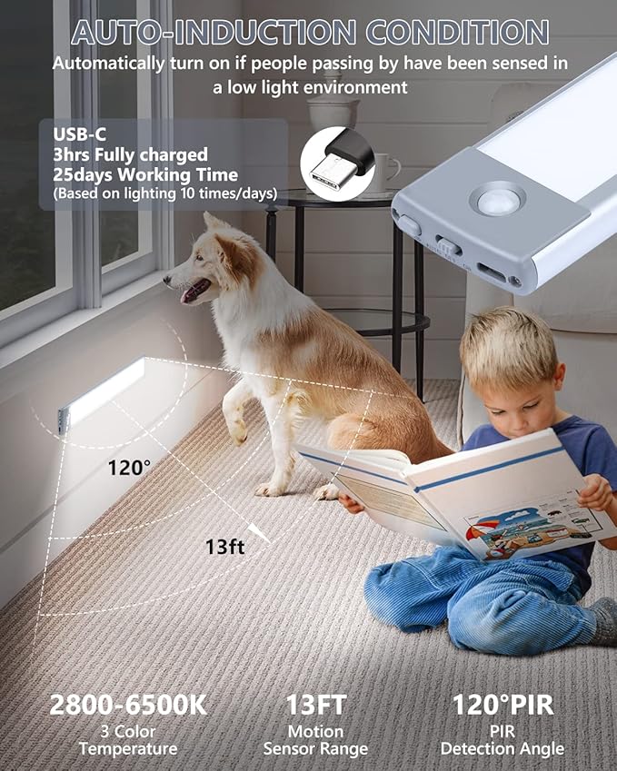 PRIORARE 35 LED Under Cabinet Lights, Wireless 3 Color Motion Sensor Light Indoor, Led Closet Light 1000mAh USB-C Rechargeable Stepless Dimmable Night Light, Under Counter Lighting 2 Packs
