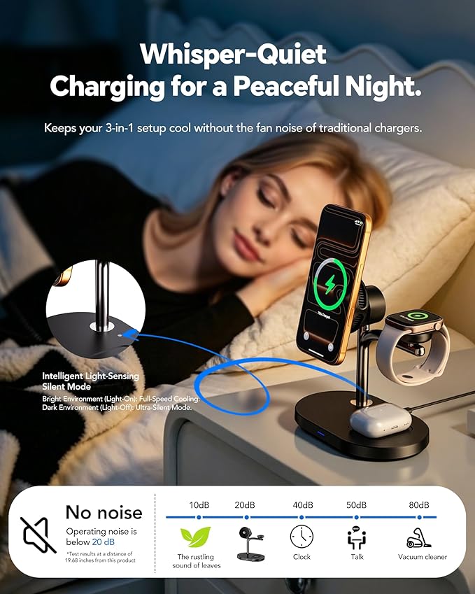 Qi2.2 25W 3 in 1 Wireless Charging Station with TEC Active Cooling Mag-Safe Charger Stand,Magnetic Wireless Charger for iPhone 17-8,Galaxy S26/S25/S24,Apple/Samsung Watch,Pods/Buds(45W Included)