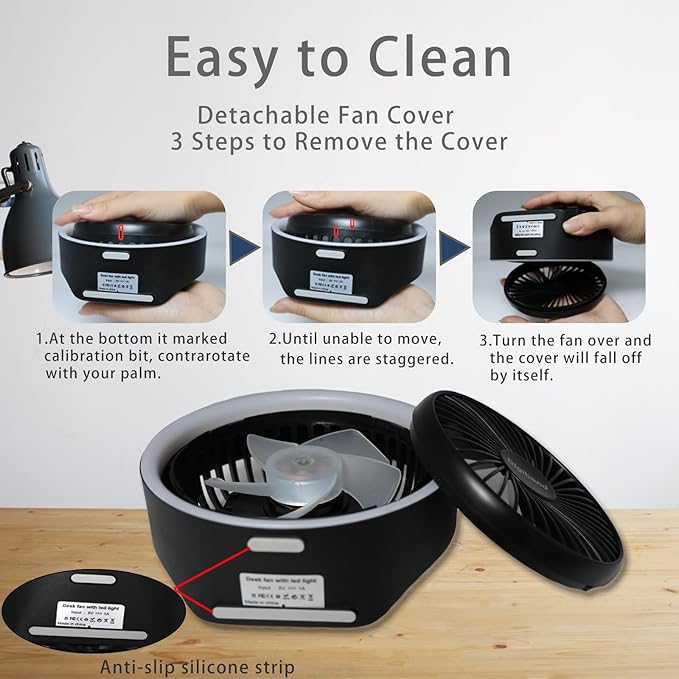 Digibond Small Fan, High Power Silent Desk Fan Portable USB Fan 3000mAh Rechargeable Battery Powered, 3 Speed 5.3in with Night Light/Hook,180°Rotated Easy Clean (Black)