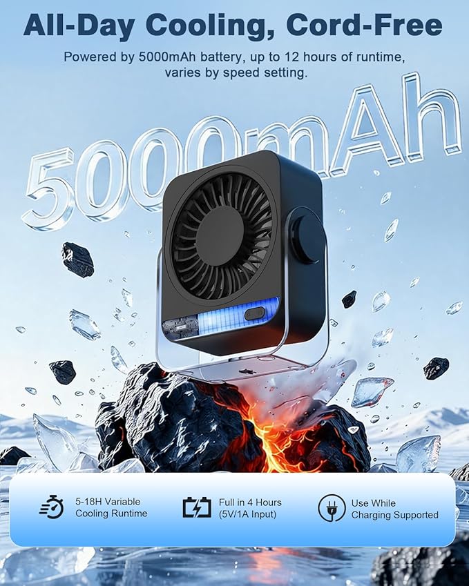 Rechargeable USB Desk Fan - 199 Speeds, 5000mAh 18-Hour Battery, 120° Adjustable Tilt, Small Quiet Table Fan Portable Desktop Fans for Bedroom Home Office Camping Travel Essentials (Black)