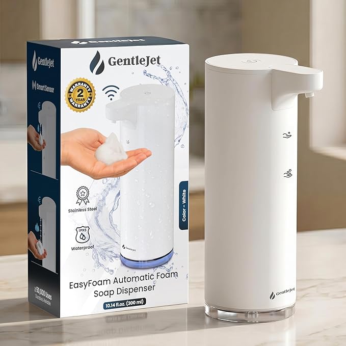 GentleJet EasyFoam Automatic Foaming Soap Dispenser, Touchless USB-C Rechargeable Sensor Pump, 304 Stainless Steel, Adjustable Foam, IPX5 Water-Resistant for Bathroom & Kitchen, 10 fl oz / 300 mL
