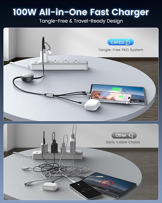 CAFELE Multi Charging Cable 100W Retractable USB C Cable, 6-in-1 Dual Type C and 27W L 5A Fast Charger Cord for Phone 16 15 14, Galaxy S24 S23, MBook, Pad and Multiple Devices (3.6ft)
