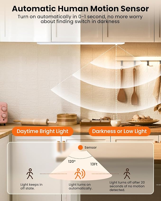16 Inch Under Cabinet Lights, 83 LED Rechargeable Magnetic Motion Sensor Light Indoor, Brightness Dimmable 6500K Stepless Dimming Closet Light, for Under Counter, Kitchen, Stairs, Closet, 2 Packs