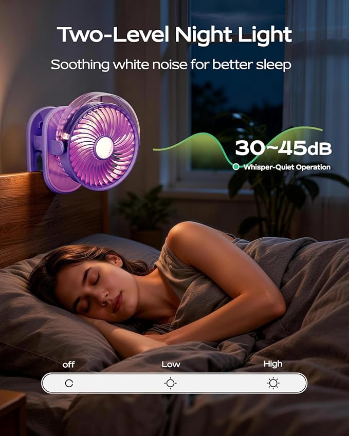 SWEETFULL Portable Misting Clip On Fan, USB-C Rechargeable Mini Personal Cooling Fan with 4 Speeds, 360° Rotatable, Quiet Cooling for Outdoor, Camping, Golf Cart, Travel, Stroller & Desk (Purple)