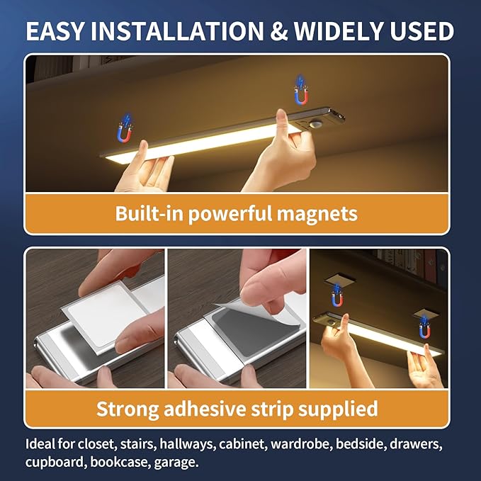 SOUL LINK Under Cabinet Lights, 88 LED Operated Motion Sensor Light Indoor, 2200mAh USB Rechargeable Closet Lights, 6 Pack Magnetic Dimmable Wireless Under Counter Lights for Kitchen, Stairs