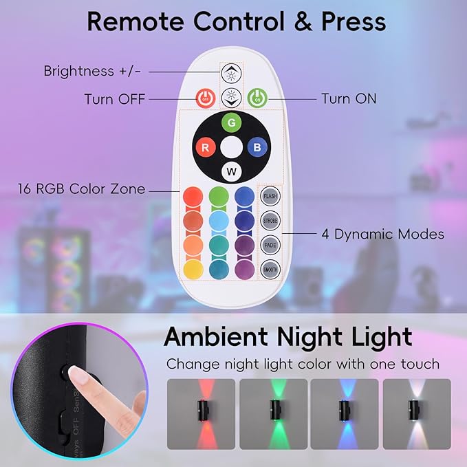 LED Wireless Wall Sconce with Remote, 16 Colors Changing, Motion Sensor Light Indoor, Dimmable, 1500mAh Rechargeable Battery Operated Wall Sconces for Hallway, Stairway, Bedroom, Black, 2-Pack