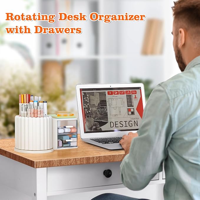 LETURE Rotating Office Desk Organizers and Accessories with 2 Drawer, Pencil Pen Marker Holder for Desk, Desktop Storage Organizers and Accessories for Office Home Art Supplies (White)