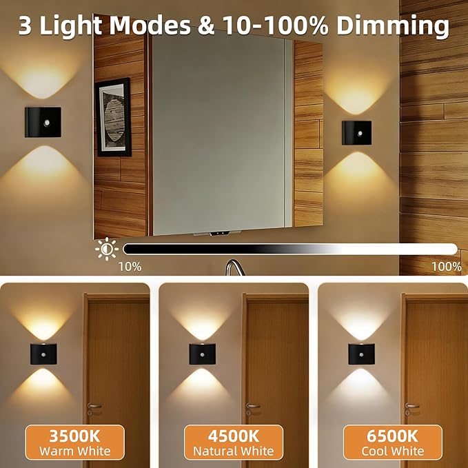2 Pack Motion Sensor Wall Light, Rechargeable Wall Sconce with 3 Color Temperatures and Brightness Adjustable, Wireless Magnetic Mount for Bedroom, Stair, Hallway, Closet (4, Black)
