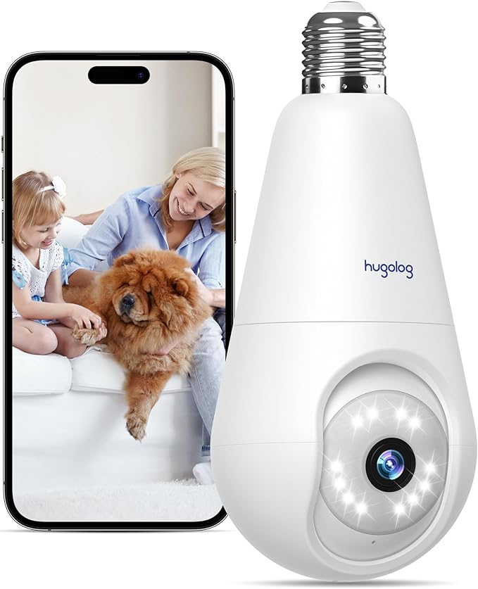 Hugolog 2K Light Bulb Security Cameras Wireless Outdoor-2.4GHz Cameras for Home Security Indoor with AI Motion Detection,Clear Color Night Vision,360°Auto Tracking,Siren Alarm,24/7 Recording