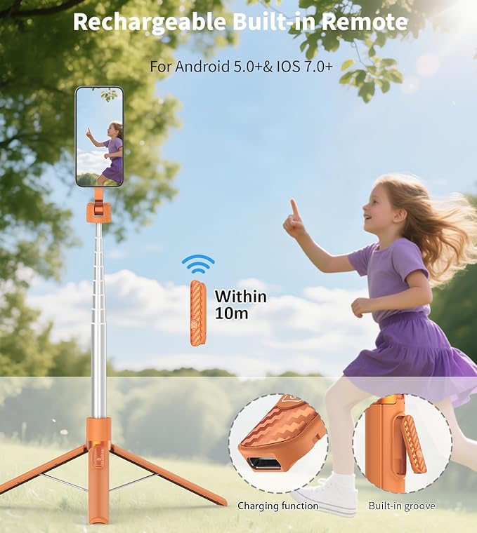 TONEOF 68" Magnetic Selfie Stick Tripod with Aluminum Strong Magnetic Holder for Magsafe, 360° Rotatable Travel Phone Tripod Stand with Metal Ring & Rechargeable Remote for iPhone/Android（Orange）