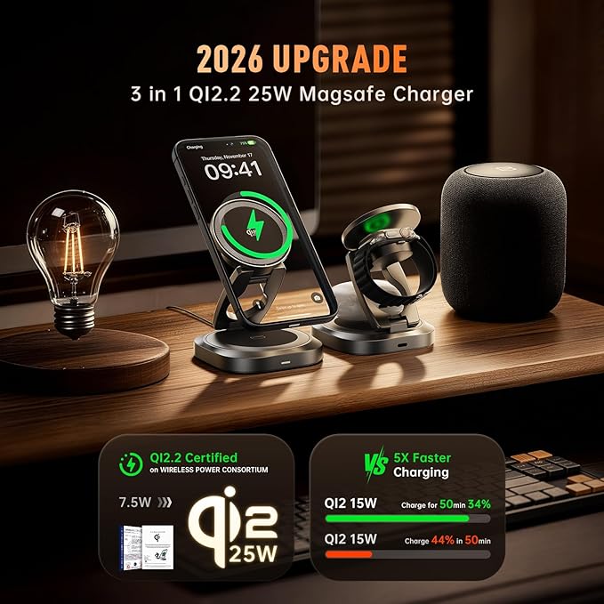 REWONDER 3 in 1 Wireless Charger Station - Qi2.2 25W Charging Stand - 360° Rotatable Metal Aluminum Dock Compatible with iPhone 17 16 15 14 13 & Apple Watch Ultra & AirPods Pro (Adapter Not Included)