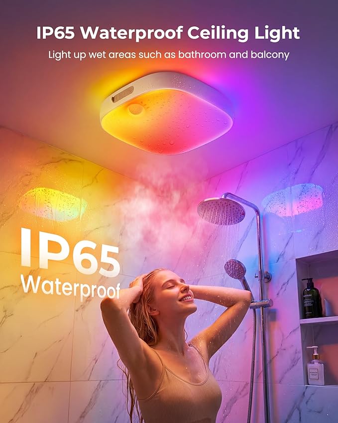 FULEN Shower Lights IP65 Waterproof, Motion Sensor Ceiling Light, Rechargeable Closet Light with 10000mAh Battery, LED Shower Lamp for Bathroom, Cordless Ceiling Lamp with RGB Colors, Remote Control