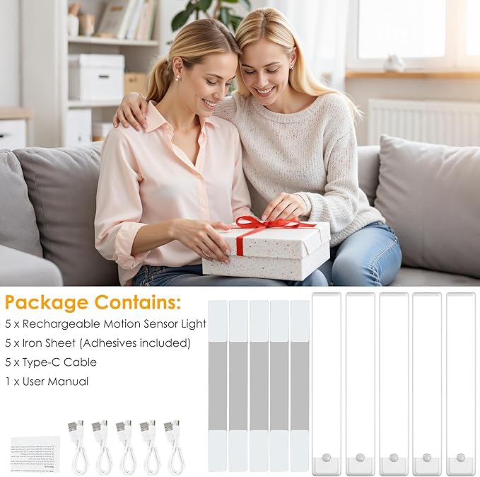 11.8 inch Motion Sensor Under Cabinet Light, 3 Color Temperature Dimmable Rechargeable Magnetic Closet Light Wireless Under Counter Lighting 5-Pack