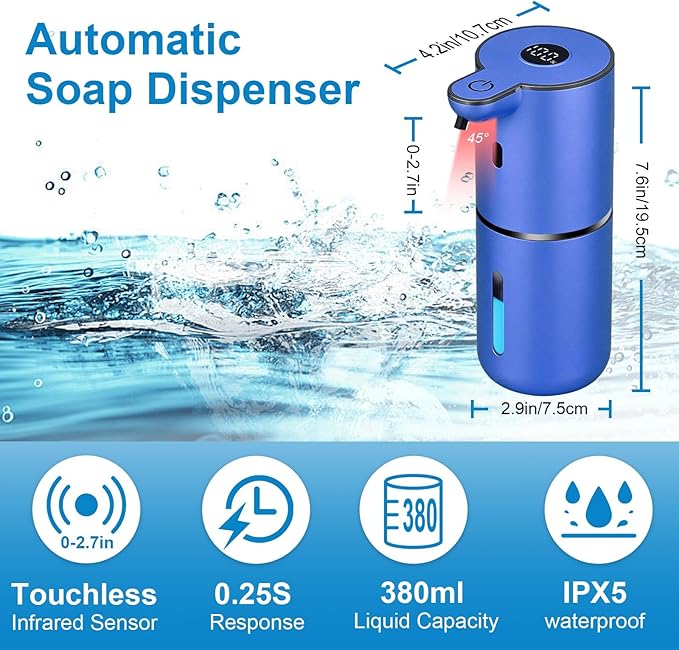 OHIFAST Automatic Liquid Soap Dispenser Touchless, USB Rechargeable Smart Hand Soap Dispenser, 6-Level Adjustable, 12.8oz/380mL Wall Mounted for Bathroom Kitchen Accessories Dish Soap-Blue