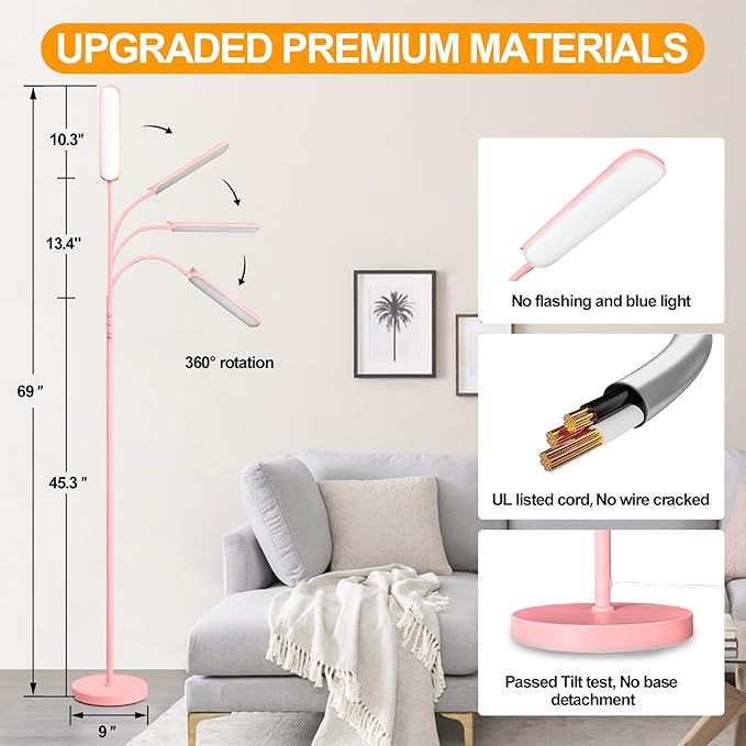 marctronic Pink LED Floor Lamp, 18W 1800LM Bright Floor Lamp with Remote & Works with Smart Plug, Dimmable Timing Eye Caring Reading Light Modern Standing Floor Lamps for Living Room Bedroom Office
