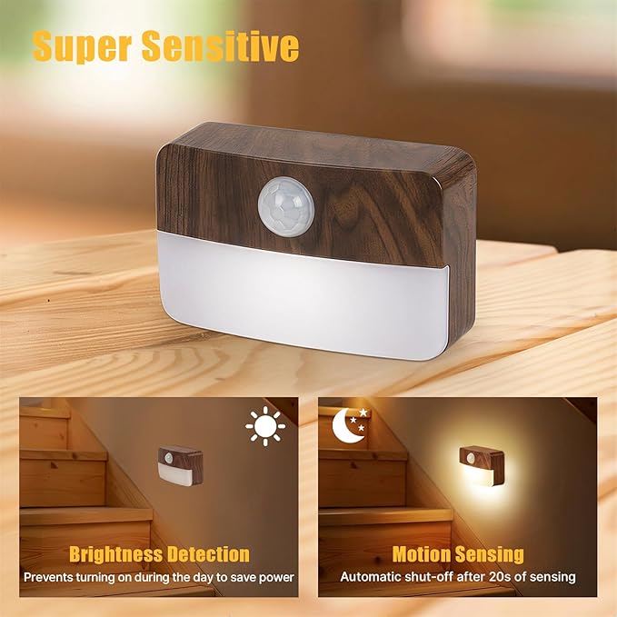 Guankai 8 Pack Motion Sensor Stair Light for Indoor, Battery Operated Closet Lights, Wireless Stick on Anywhere Hallway Lamp, Portable Led Night Lamps for Bedroom Under Cabinet Kitchen, Wood Grain