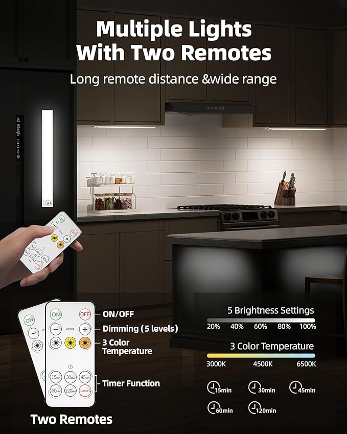 6Pack 16inch Under Cabinet Lighting, Rechargeable Motion Sensor Light Wireless Indoor, Dimmable 3 Color Temps Closet Lights with Remote, Under Counter LED Lights for Kitchen, Stairs
