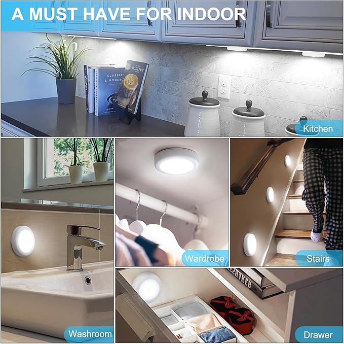 Mlambert 4 Pack Motion Sensor LED Night Light, Cordless Battery-Powered Stick-on Magnet Closet Lights, Safe Lights for Stairs, Cabinet, Cool White