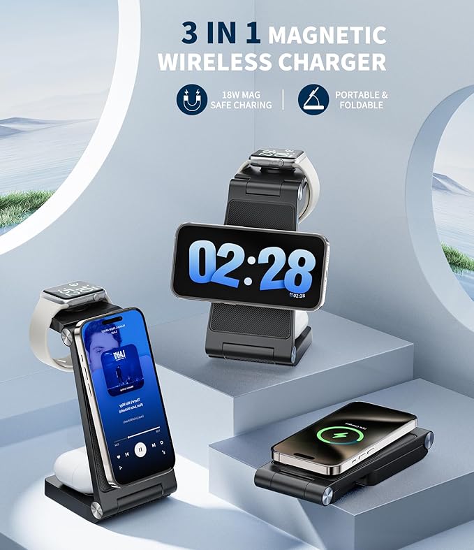 Magnetic Wireless Charging Station, 3 in 1 Fast Max Charging for iPhone 17 16 15 14 13 12 Pro Max Plus, Apple Watch, Air Pods Pro - Space-Saving Multi-Device Stand (Black)