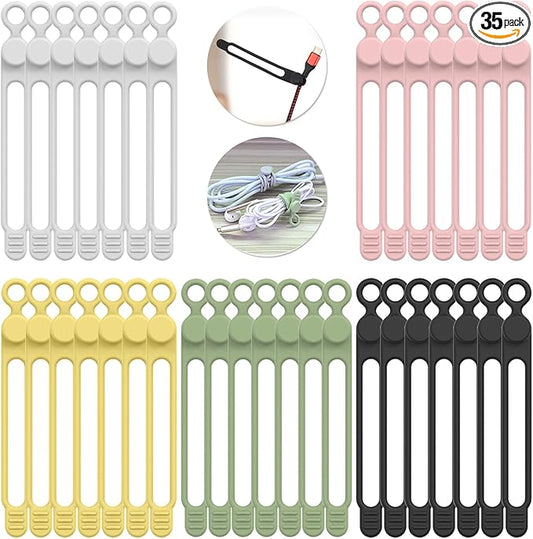 UMUST 35pcs Silicone Cable Ties,Reusable Cable Management Organizer, Wire Ties，Travel Cord Ties，Cord Organizer for Bundling Cable Cords in Home,Office,Kitchen,School(5 Colors)
