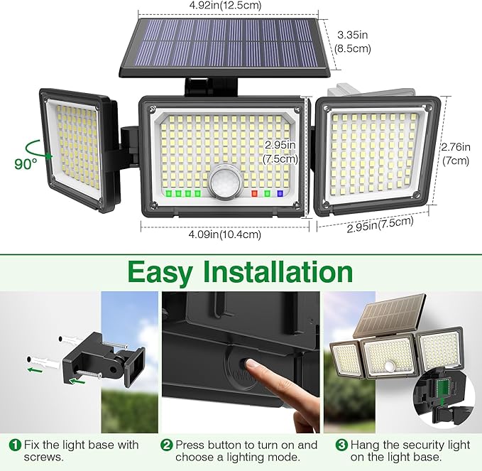 Solar Outdoor Lights Motion Sensor, 2500LM 286 LED Security Flood Lights with Visual Battery & Mode Display, 3 Lighting Modes, IP65 Waterproof 3-Head Wide Angle for Garage, Yard, Patio (2P Warm White)