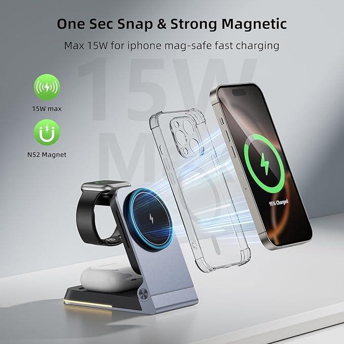 Foldable Wireless Charger 3 in 1 - Magnetic Wireless Charging Station for Apple Magsafe Charger Stand with Light,Aluminum Portable Travel Charger Dock for iPhone 17/16/15/14/13/12,Apple Watch,AirPods