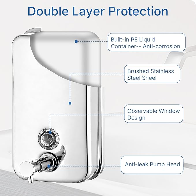 Commercial Soap Dispenser Wall Mounted, 27oz Stainless Steel Hand Soap Dsipenser, Liquid Manual Anti-Leak Pump Soap Dispenser, Rust-Proof Lining Liquid Hand Sanitizer Dispenser for Bathroom