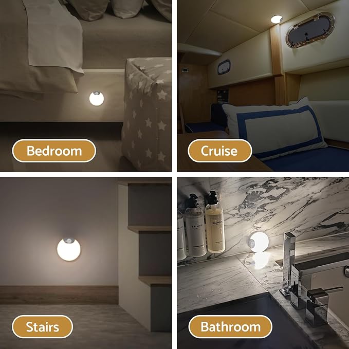 DAZZY DOT Rechargeable Night Light Motion Sensor Stair Lights Indoor Wireless, Battery Operated, Magnetic, Dimmable, for Stairway, Hall, Bathroom, 4-Pack
