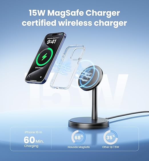 Magnetic Wireless Charger iPhone, 15W Fast Mag-Safe Charger Stand for iPhone 17/17 Air/17 Pro/17 Pro Max 16/15/14/13/12 Series, Wireless Charging Station for Pad/AirPods