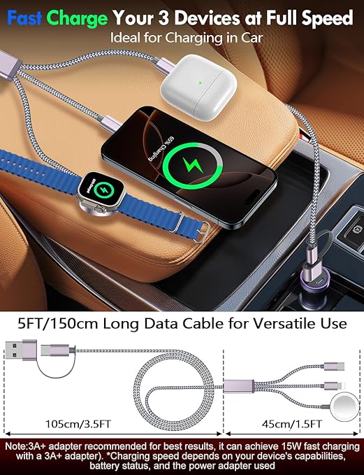 2Pack Multi Charging Cable Cord for Travel Essentials,Apple Watch Charger,iPhone Charger,[3-in-2] Type C/Lightning Cable Portable Designed for iWatch,iPhone 17-8,Galaxy S25-21,AirPods,iPad-1.5M Gray
