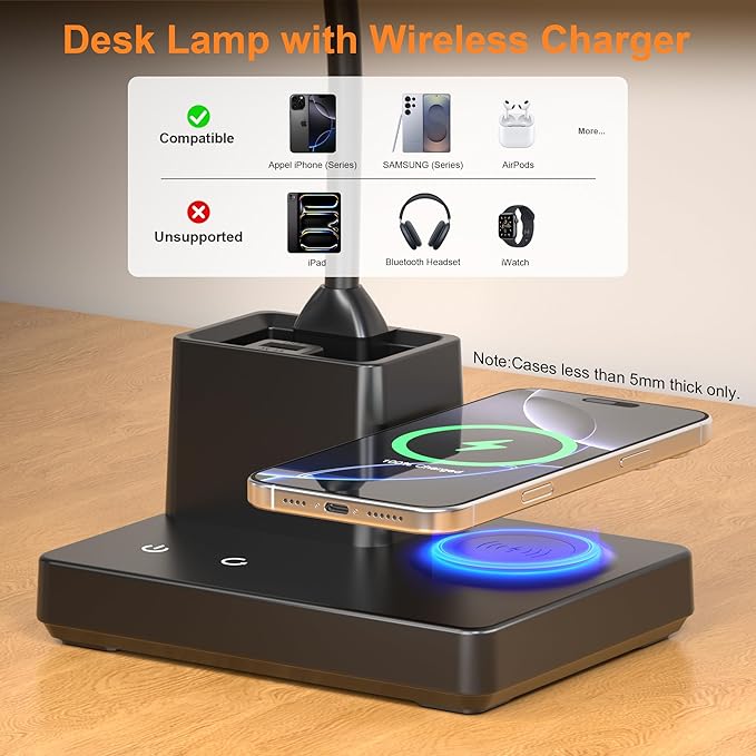 Desk Lamp, Table Lamp with Wireless Charger & USB Port, 800LM CRI95 3 Color Modes Dimmable Touch Flexible Arm Pen Holder, LED Desk Lamps for Home Office, College Dorm Room, Adapter Included