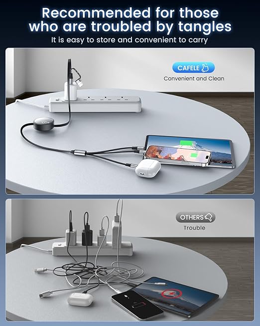 CAFELE Retractable Charging Cable, 100W USB C Fast Charger Cable 3 in 1 with [30-130cm] Adjustable Length, Multi-Port Cord for Laptop, Phone, Car, Travel - PD3.1/QC5.0（Grey）