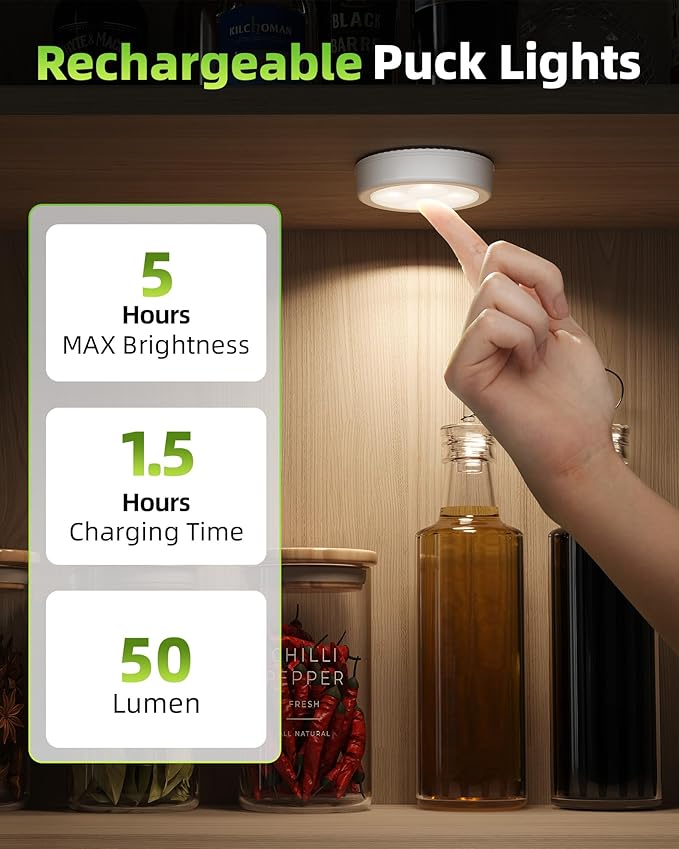 EZVALO LED Puck Lights, Rechargeable Stick On Tap Lights, Wireless Closet Light, 3 Color Temps, Under Cabinet Lights, 2.5'' Mini Touch Light, Ideal for Kitchen,Closet,Pantry,Shelves,Camper(6 Pack)