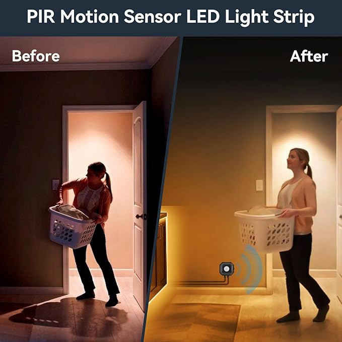 Motion Activated LED Strip Lights, 2x9.8Ft Warm White LED Strip Motion Sensor Under Bed Lights with Auto Shut-Off Timer, USB Powered Motion Sensor Light Strips Indoor for Bedside Cabinet Stair Closet