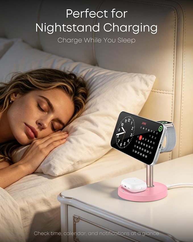 3 in 1 Magnetic Wireless Charging Station, 15W Fast Charger Stand for iPhone, Phone Charger Stand for Desk Nightstand, for iPhone 17/16/15/14/13/12, Apple Watch & AirPods, Adapter Not Included -Pink