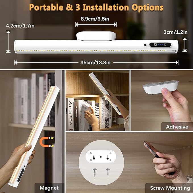Rechargeable Magnetic LED Light Bar with Remote, Under Cabinet Lighting Wireless, Battery Powered Operated Wall Strip Lights, Dimmable Desk Lamp for Mirror Closet Bathroom Kitchen – White
