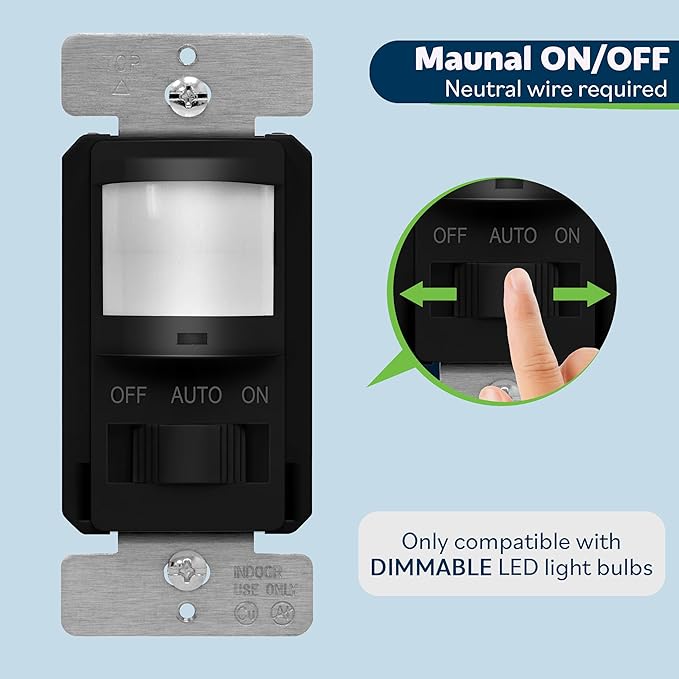 TOPGREENER in Wall PIR Motion Sensor Light Switch, Occupancy Sensor Switch, 𝐍𝐞𝐮𝐭𝐫𝐚𝐥 𝐖𝐢𝐫𝐞 𝐑𝐞𝐪𝐮𝐢𝐫𝐞𝐝, On/Off Override, 𝐒𝐢𝐧𝐠𝐥𝐞 𝐏𝐨𝐥𝐞, 4A, 500W, TSOS5-BKWP,Black