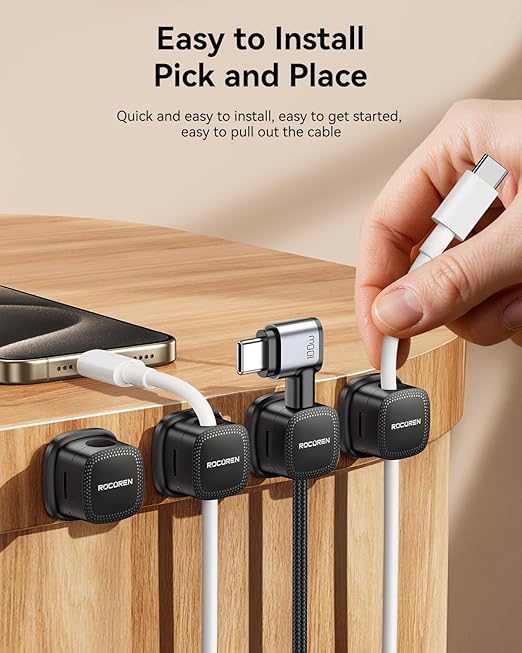 8 Pack Magnetic Cable Clips, Rocoren Under Desk Cord Holder Cable Management-1s Lock, Adhesive Cord Cable Clip Wire Holder Keeper Organizer for Phone Car Home Office Desk Wall Desktop Nightstand