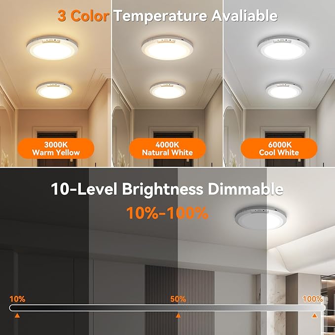 Rechargeable Motion Sensor Ceiling Light Indoor Outdoor w/Remote, 7.08 Inch Battery Operated Flush Mount Ceiling Light 3000K 4000K 6000K 400LM Dimmable for Closet Hallway Laundry Stairs (4)