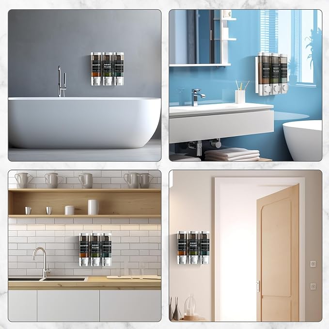 Shampoo and Conditioner Dispenser,Shower Dispenser 3 Chamber No Drill Wall-Mounted Shampoo Dispenser for Shower Wall Mounted Body Wash Dispenser for Bathroom Hotel Kitchen Large Capacity,Silver