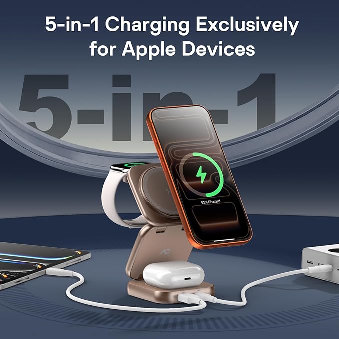 5-in-1 Wireless Charger for MagSafe, AC ISLAND Portable Travel Charging Station, 35W Max Qi2 Fast Foldable Magnetic Stand, Evolved for iPhone 17-12 Series, Apple Watch, AirPods (with 35W Adapter)