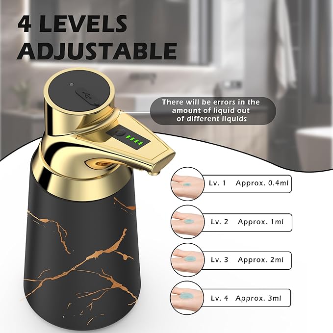 Adjustable Automatic Soap Dispenser Touchless, Ceramic Material，4 Adjustable Levels， Type-c Rechargeable Operated Sensor Liquid Soap Pump，Touch-Free Hand Sanitizer Dispenser (Black Gold)