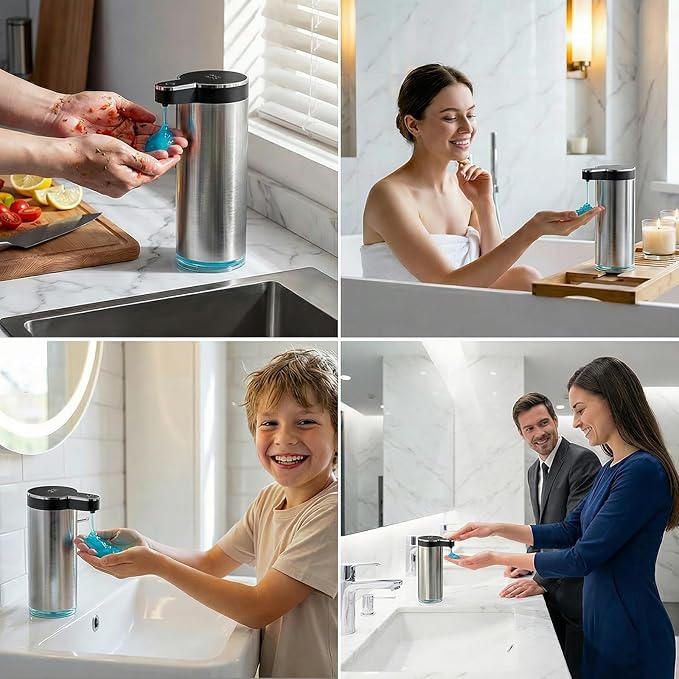 Automatic Liquid Soap Dispenser Touchless, Stainless Steel Hand Soap Dispenser, USB Rechargeable, 4 Adjustable Levels, 11.8oz/350ml for Kitchen and Bathroom (Stainless Steel Black, Liquid)
